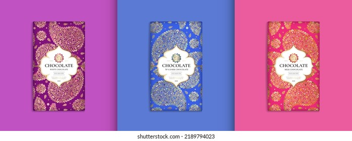 Colorful set of chocolate bar packaging design in abstract style. Vector luxury template with ornament elements. Can be used for background and wallpaper. Great for food and drink package types.