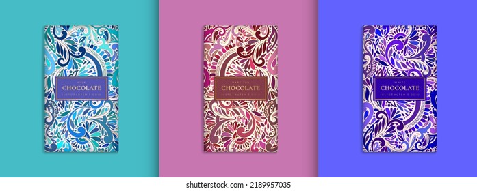 Colorful set of chocolate bar packaging design in abstract style. Vector luxury template with ornament elements. Can be used for background and wallpaper. Great for food and drink package types.