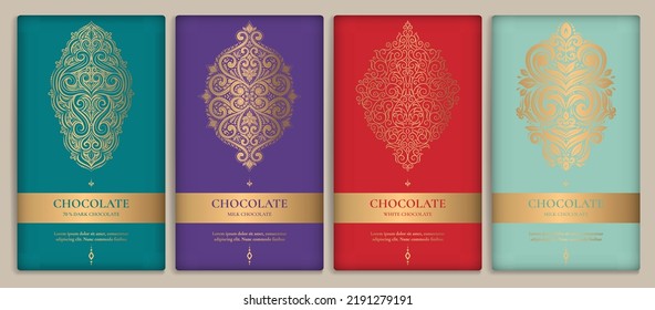 Colorido conjunto de embalajes de barras de chocolate con un estilo abstracto. Plantilla de lujo vectorial con elementos ornamentales. Se puede usar para fondo y fondo de pantalla. Ideal para los paquetes de comida y bebida.