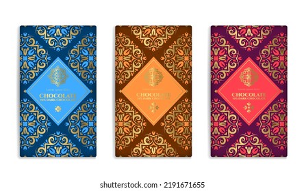 Colorful set of chocolate bar packaging design in abstract style. Vector luxury template with ornament elements. Can be used for background and wallpaper. Great for food and drink package types.