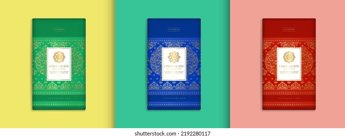 Colorful set of chocolate bar packaging design in abstract style. Vector luxury template with ornament elements. Can be used for background and wallpaper. Great for food and drink package types.