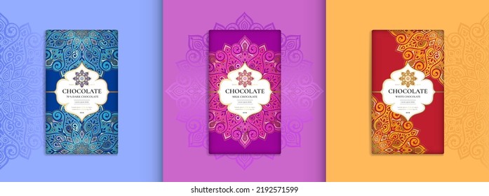 Colorido conjunto de embalajes de barras de chocolate con un estilo abstracto. Plantilla de lujo vectorial con elementos ornamentales. Se puede usar para fondo y fondo de pantalla. Ideal para los paquetes de comida y bebida.