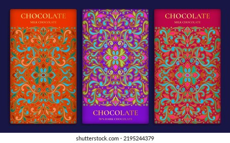 Colorful set of chocolate bar packaging design in abstract style. Vector luxury template with ornament elements. Can be used for background and wallpaper. Great for food and drink package types.