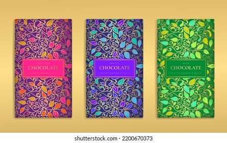 Colorful set of chocolate bar packaging design in abstract style. Vector luxury template with ornament elements. Can be used for background and wallpaper. Great for food and drink package types.