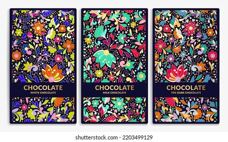 Colorful set of chocolate bar packaging design in abstract style. Vector luxury template with ornament elements. Can be used for background and wallpaper. Great for food and drink package types.