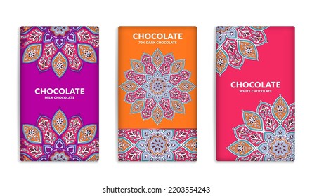 Colorful set of chocolate bar packaging design in abstract style. Vector luxury template with ornament elements. Can be used for background and wallpaper. Great for food and drink package types.