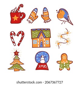 Colorful set of Christmas elements. robin bird, hot chocolate, gingerbread house, lollipop, garland, snow globe, christmas tree cookies, warm mittens, gingerbread man, vector handdrawn illustration