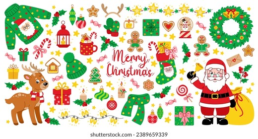 Colorful set of Christmas and New Year elements for holiday design. Cartoon cute Santa, deer, gingerbread, gifts, Xmas decorations and other. Colored vector flat illustrations perfect for stickers.