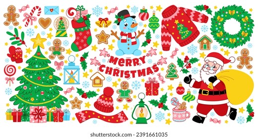 Colorful set of Christmas and New Year elements for winter holiday design. Running Santa with a bag of gifts, Xmas tree, festive sweets. Vector colored flat cartoon illustrations perfect for stickers.