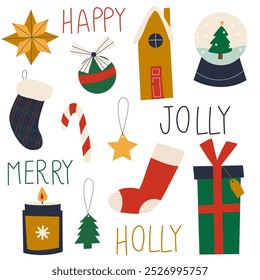 Colorful set of christmas objects and lettering. Christmas symbols and decorative elements.