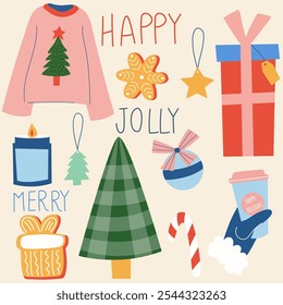 Colorful set of christmas objects and lettering. Christmas symbols and decorative elements.