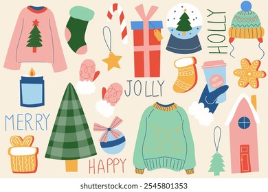 Colorful set of christmas objects and lettering. Christmas symbols and decorative elements.