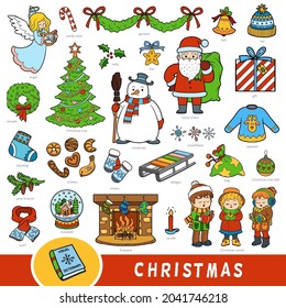 Colorful set of Christmas objects. Visual dictionary for children about winter holiday