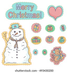 Colorful set of Christmas stickers with snowman, gifts, decorations and dog. Funny, cute collection of winter labels.
