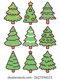 Colorful set of Christmas trees decorated with stars and lights in a cartoon style, perfect for holiday-themed kids projects, sticker packs, or creative classroom visuals