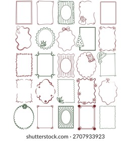 Conjunto colorido de quadros vintage de Natal, bordas de Natal desenhadas à mão com ornamento de Natal.	