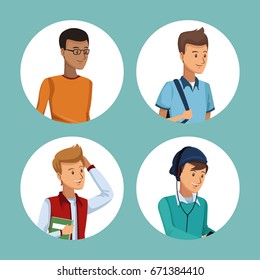 colorful set in circular frame of men students half body