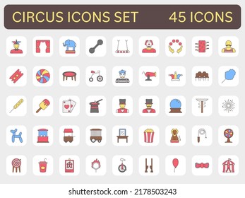 Colorido Conjunto De Iconos Circos De Estilo Plano.