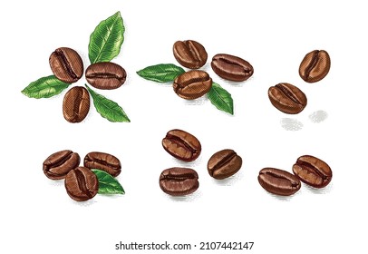 colorido set granos de café Dibujo de mano engrase estilo ilustración