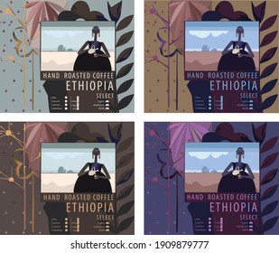 Colorful set for coffeelabel from Ethiopia, packing design with modern illustration