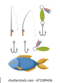 elementos coloridos de colección para la ilustración vectorial de los ganchos y varillas de pesca