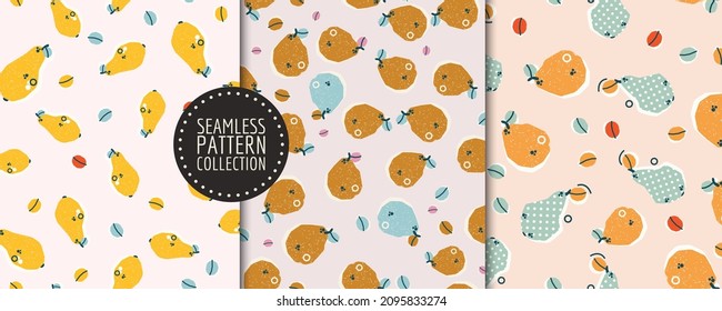 Conjunto colorido, colección con patrones sin costura, antecedentes con peras y hojas adorables. Diseño de vectores para papel, tela, decoración interior y cubierta