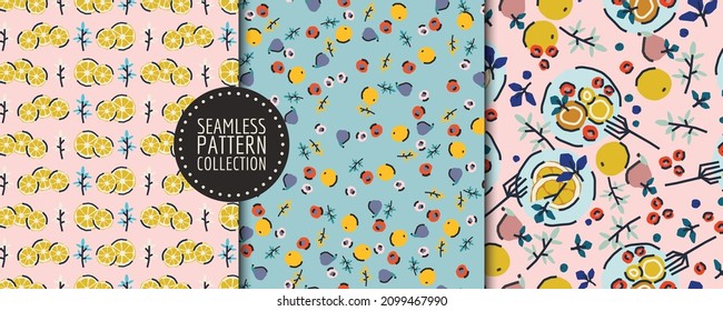 Colorful set, collection with seamless patterns with dessert, oranges, berries.  Trendy cute vector illustration, background, wrapping paper