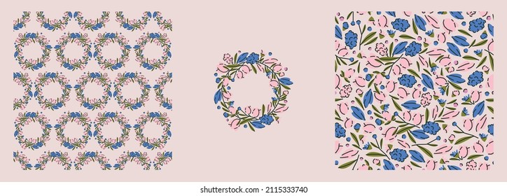 Colorful set, collection with seamless patterns and a print with flowers and plants. Vector background, print, design, card