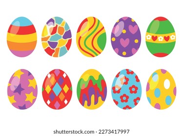 Colorful set of colored Easter eggs with a pattern. Design elements for holiday cards. Easter collection with different texture. Cartoon flat style vector illustration