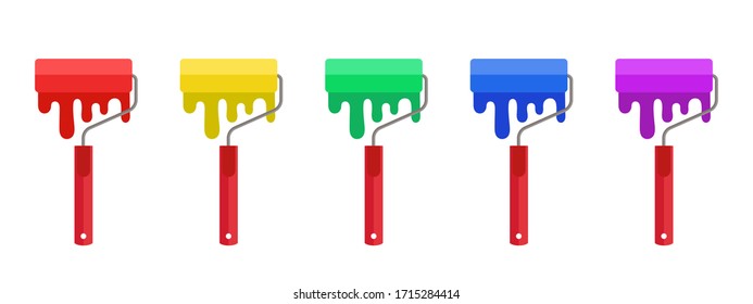 Colorido conjunto de rodillos de colores con pintura goteante para pintar paredes. Ilustración vectorial, icono o logotipo. Diseño plano, estilo caricatura, aislado en blanco.