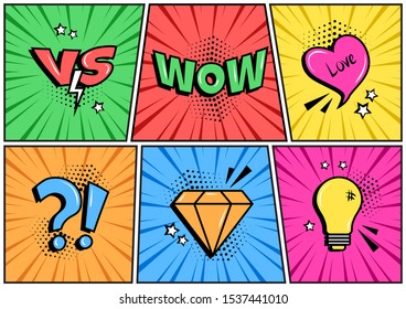 Colorful set of comic icon with different speesh elements in pop art style. Vector illustration