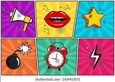 Colorful Set Of Comic Icon In Pop Art Style. Megaphone, Lips, Star, Bomb, Alarm Clock, Lightning. Vector Illustration