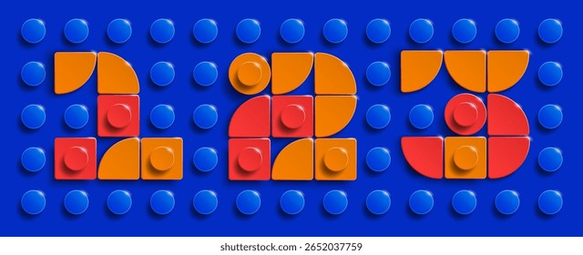 Colorful set of construction brick alphabet letters on a blue brick background. 3d set of letters. Realistic set of letters. 3d letters made from building bricks
