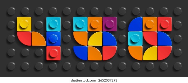 Colorful set of construction brick numbers on a black brick background. 3d set of numbers. Realistic set of numbers. 3d numbers made from building bricks