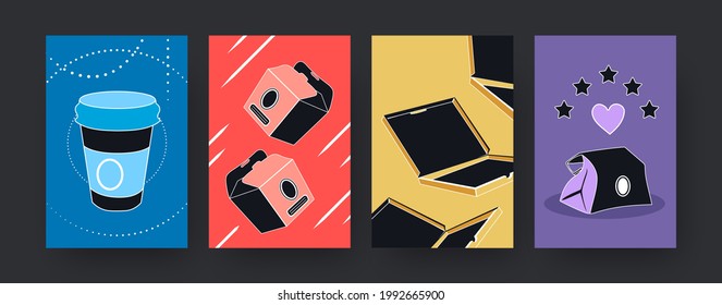 Colorful set of contemporary art posters with food carton boxes. Vector illustration. .Collection of disposable takeaway paper packages in colored background. Product packing, food concept for design