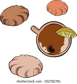 Colorful set of cookies or meringues or biscuits or marshmallow and a cup of tea with cinnamon and a piece of lemon. Sketch drawn by ink. Hand drawn vector illustration.