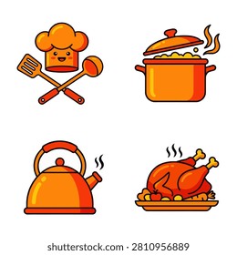 A colorful set of cooking icons featuring a chef hat with utensils a steaming pot a kettle and a roasted chicken on a plate.