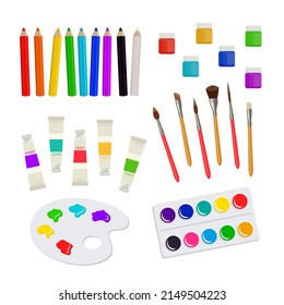 Colorful set of creative art tools. Pencils, paints and brushes. Vector illustration for your graphic design.