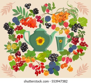 Colorful set of cup and teapot with different berries tea.