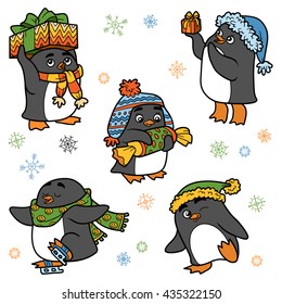 Colorful set of cute animals, vector family of penguins