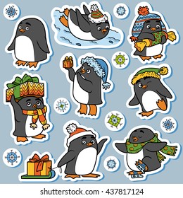 Colorful set of cute animals, vector family of penguins