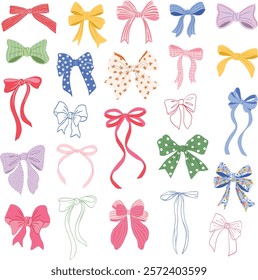 Colorful set of cute Bows and ribbons in Floral, stripes, checkered pattern and line art. Hand-drawn bow knots, coquette aesthetic. Vector clipart illustration for cards, invites, posters and labels.