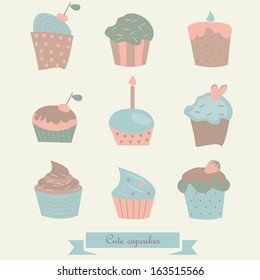 Colorful set of cute cupcakes with candles, cherries, strawberry, cream, confetti in cartoon style.