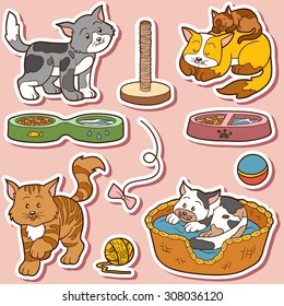 Colorful set of cute domestic animals and objects, vector stickers with family cats and objects