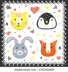 Colorful set of cute doodle animals. Vector cartoon cat, penguin, rabbit and fox with decorative animals for kid's party greeting card.