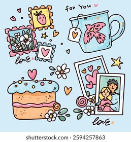 colorful set with cute elements, cake and photos for Valentine's day.