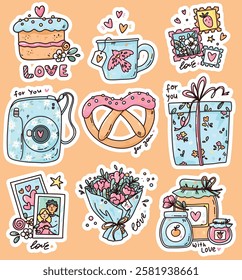 colorful set with cute elements, sweets and flowers for Valentine's day.