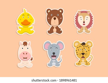 Colorful set of cute farm animals and objects, vector stickers with domestic animals