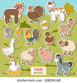 Colorful Set Of Cute Farm Animals And Objects, Vector Stickers With Domestic Animals