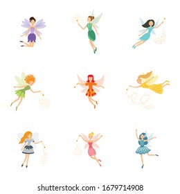 Colorful set of cute girly fairies with magic wands and long hair dancing in pretty dresses